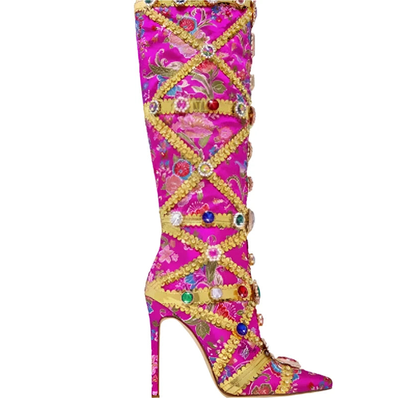 Crystal Gem Sliver Metallic Leather Knee High Boots Luxury Glitter Diamond Pointed Toe High Heels Boot Designer Shoes for Women - KIMLUD