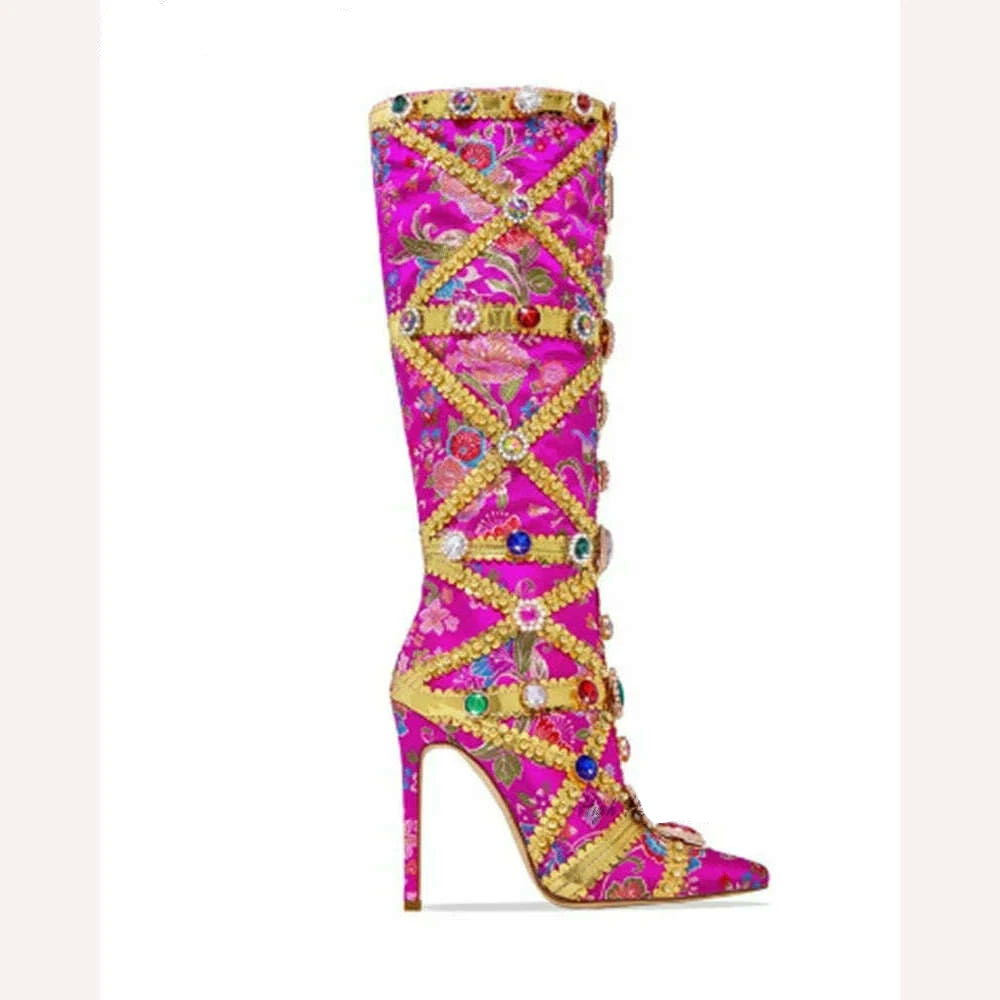 Crystal Gem Sliver Metallic Leather Knee High Boots Luxury Glitter Diamond Pointed Toe High Heels Boot Designer Shoes for Women - KIMLUD