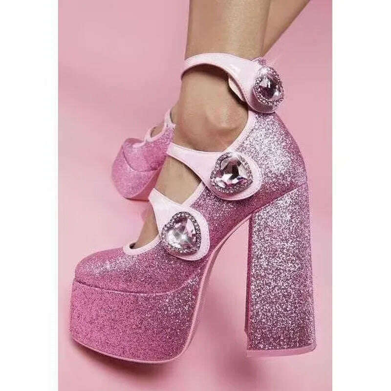 KIMLUD, Crystal Heart Pink Sweet Glitter Pumps Women Heart Shaped Rhinestones Platform Chunky Heels Elegant Design Lolita Girl's Shoes, KIMLUD Womens Clothes