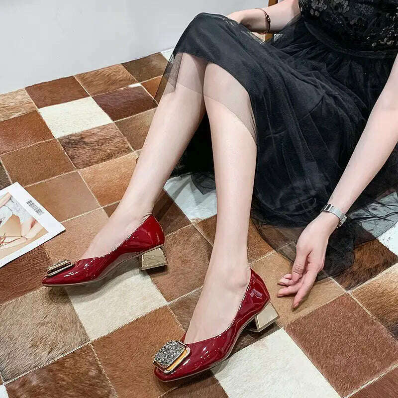 KIMLUD, Crystal Low Heels Korean Shoes Square Toe Women's Moccasins Soft Female Footwear Patent Leather Ballet Flats All-Match Rhineston, KIMLUD Womens Clothes