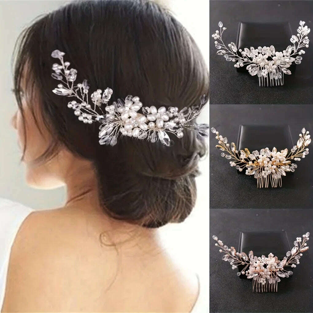 Crystal Rhinestone Flower Pearl Hair Comb Bridal Headband Tiara Hairpin Party Wedding Bridal Hair Accessories Jewelry - KIMLUD