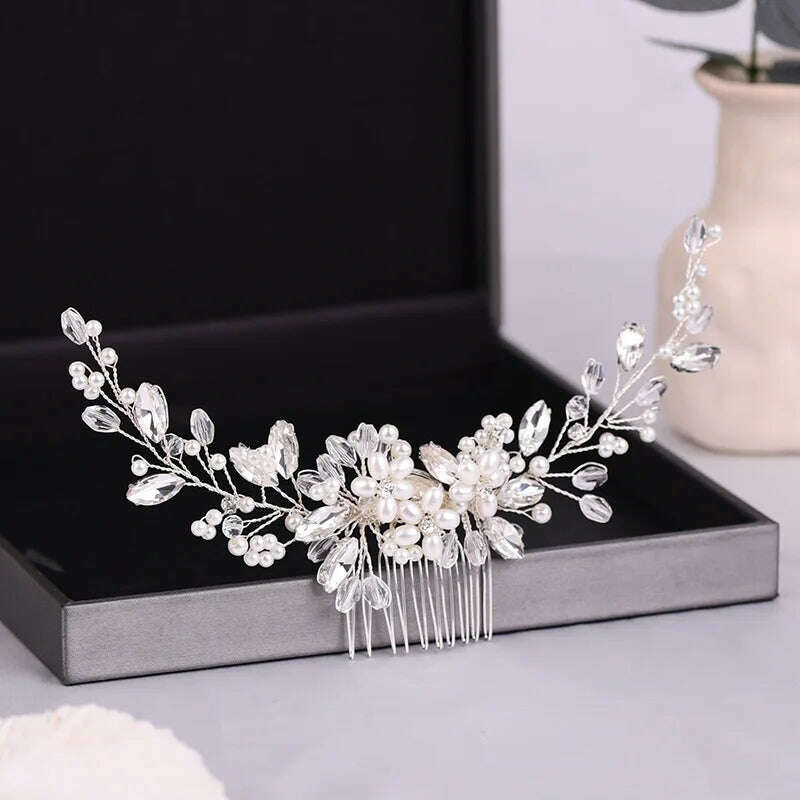 Crystal Rhinestone Flower Pearl Hair Comb Bridal Headband Tiara Hairpin Party Wedding Bridal Hair Accessories Jewelry - KIMLUD