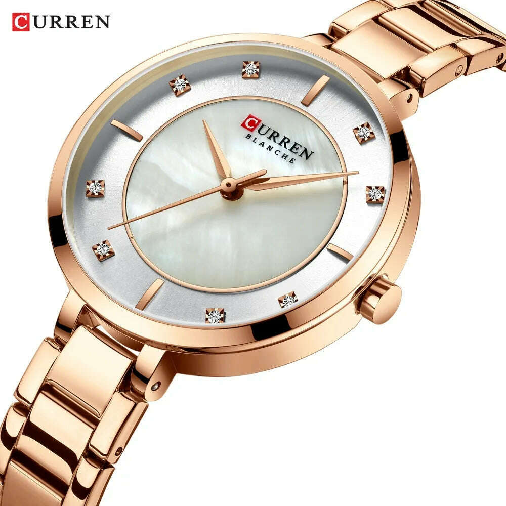 KIMLUD, CURREN Ladies Watches Fashion Elegant Quartz Watch Women Dress Wristwatch with Rhinestone Set Dial Rose Gold Steel Band Clock, KIMLUD Women's Clothes