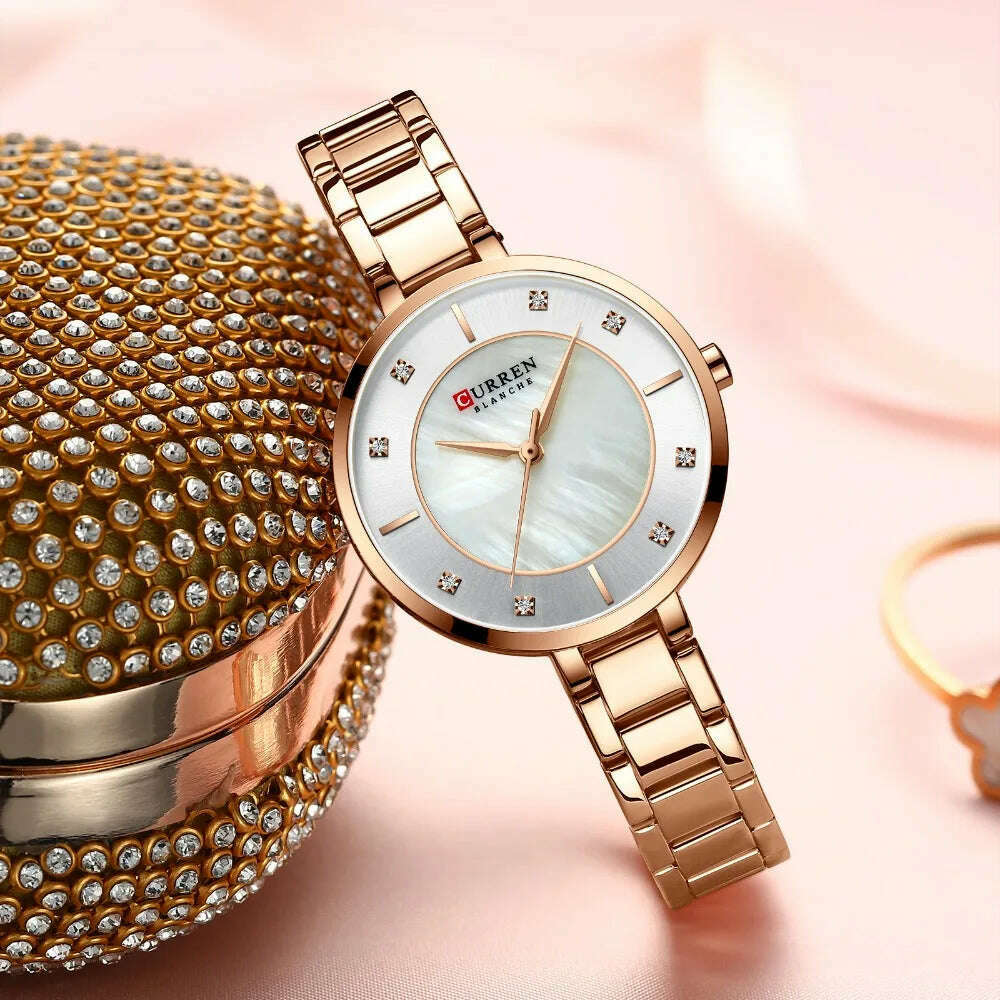 CURREN Ladies Watches Fashion Elegant Quartz Watch Women Dress Wristwatch with Rhinestone Set Dial Rose Gold Steel Band Clock - KIMLUD