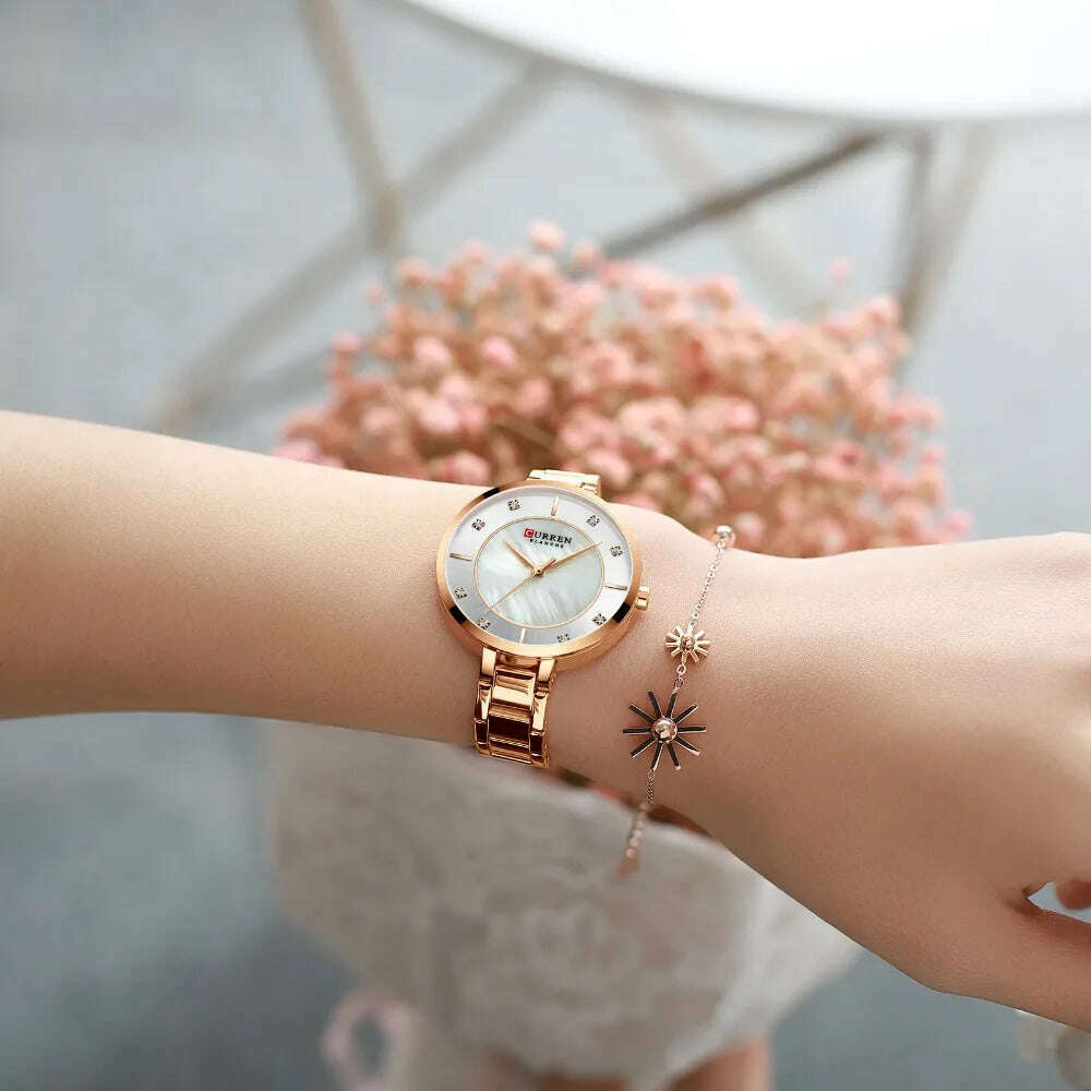 KIMLUD, CURREN Ladies Watches Fashion Elegant Quartz Watch Women Dress Wristwatch with Rhinestone Set Dial Rose Gold Steel Band Clock, KIMLUD Womens Clothes