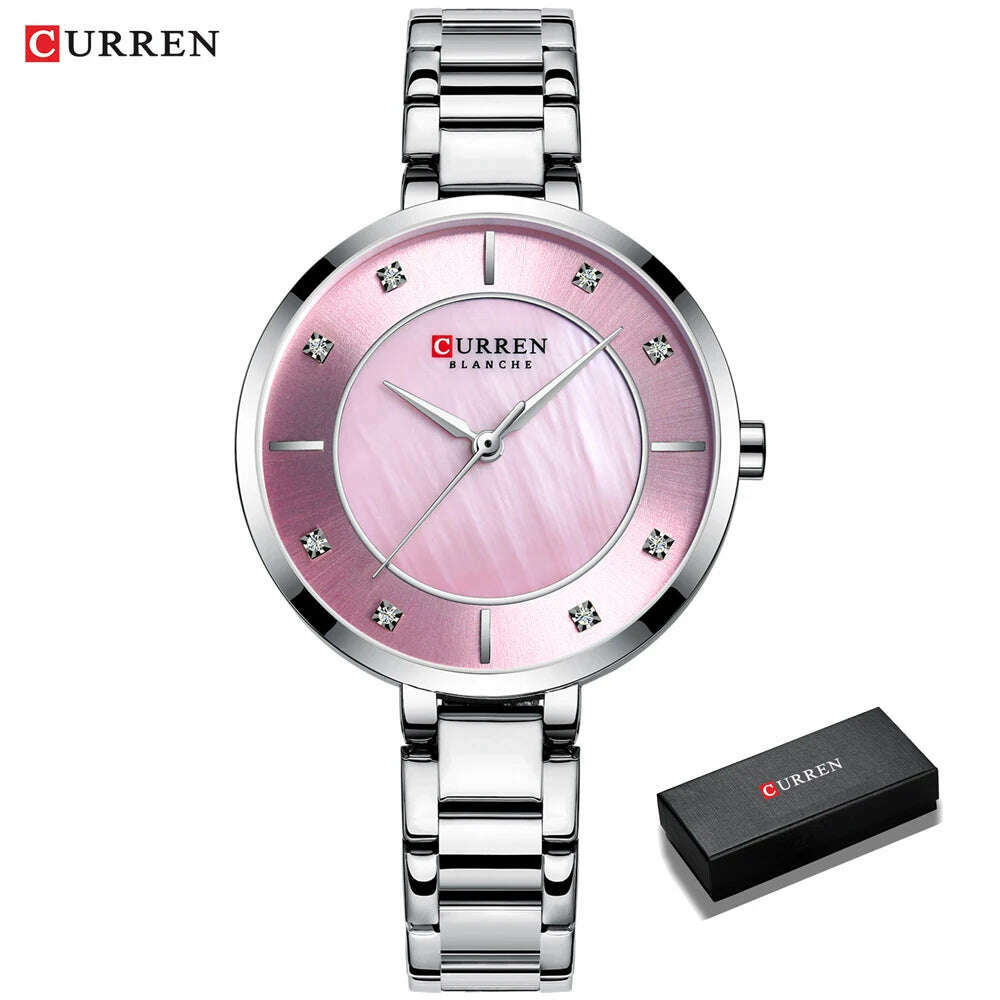 KIMLUD, CURREN Ladies Watches Fashion Elegant Quartz Watch Women Dress Wristwatch with Rhinestone Set Dial Rose Gold Steel Band Clock, silver pink box, KIMLUD Womens Clothes