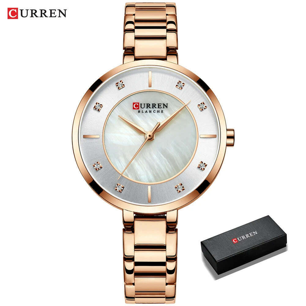 KIMLUD, CURREN Ladies Watches Fashion Elegant Quartz Watch Women Dress Wristwatch with Rhinestone Set Dial Rose Gold Steel Band Clock, rose gold box, KIMLUD Womens Clothes