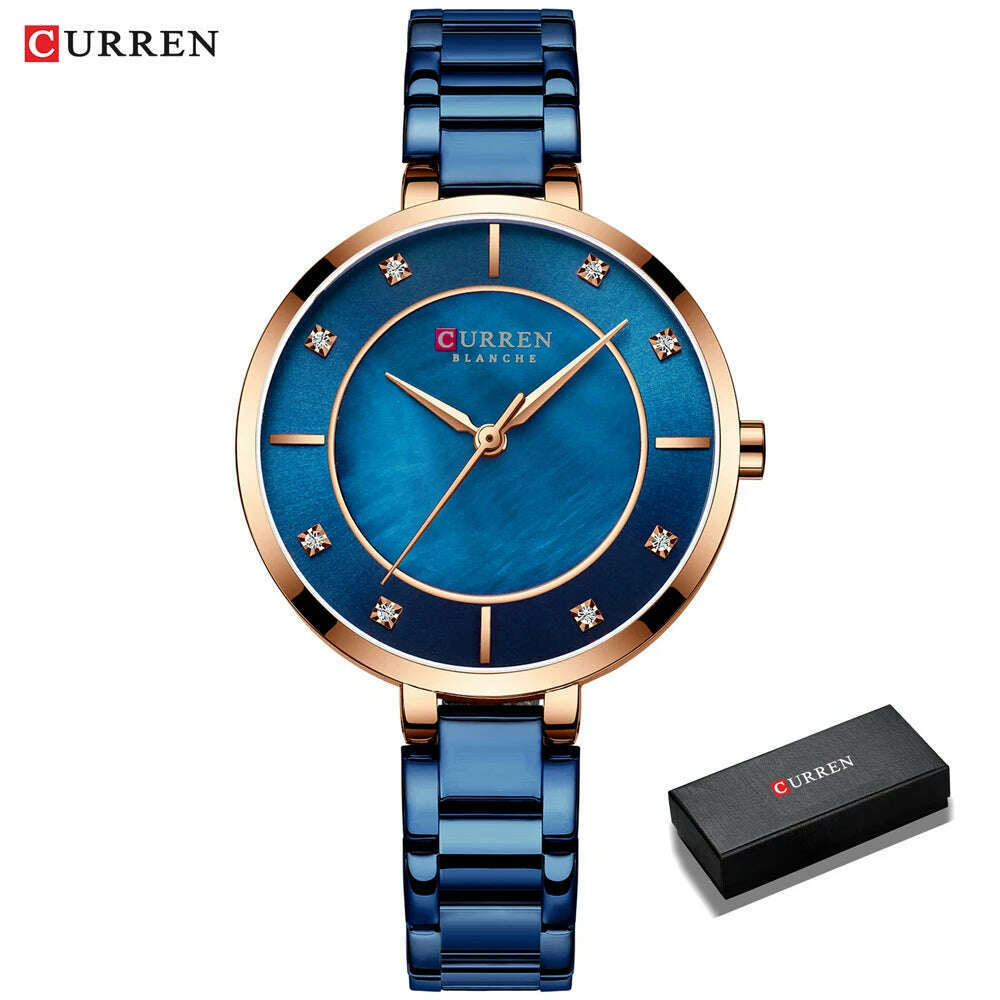 KIMLUD, CURREN Ladies Watches Fashion Elegant Quartz Watch Women Dress Wristwatch with Rhinestone Set Dial Rose Gold Steel Band Clock, blue box, KIMLUD Womens Clothes