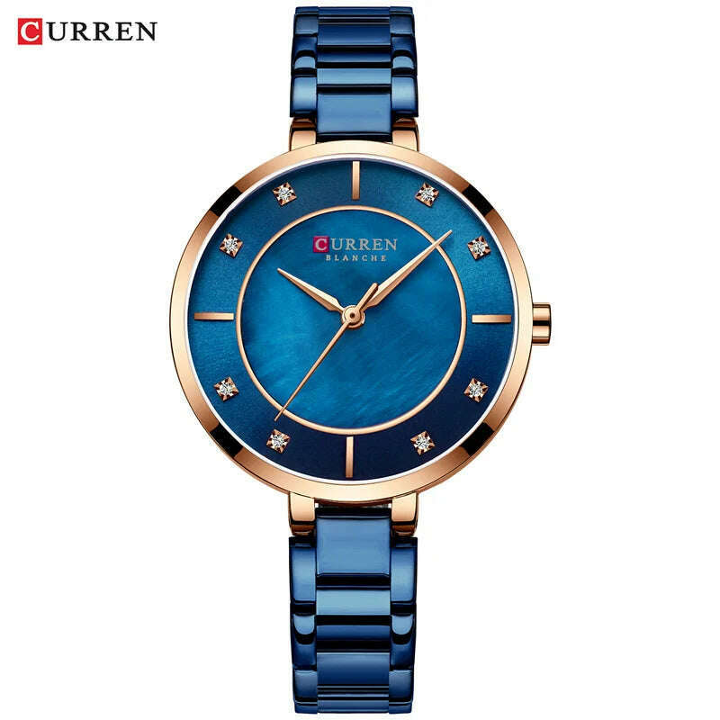 KIMLUD, CURREN Ladies Watches Fashion Elegant Quartz Watch Women Dress Wristwatch with Rhinestone Set Dial Rose Gold Steel Band Clock, blue, KIMLUD Womens Clothes