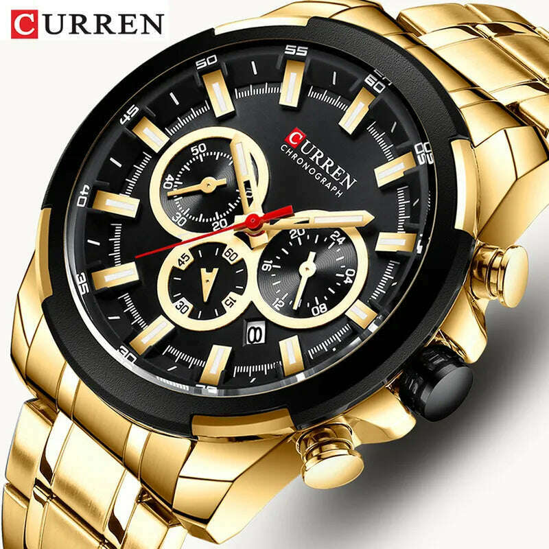 KIMLUD, CURREN Men’s Watches Top Brand Big Sport Watch Luxury Men Military Steel Quartz Wrist Watches Chronograph Gold Design Male Clock, KIMLUD Womens Clothes