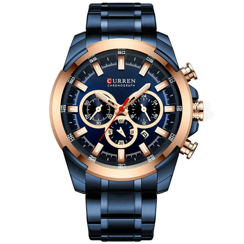 KIMLUD, CURREN Men’s Watches Top Brand Big Sport Watch Luxury Men Military Steel Quartz Wrist Watches Chronograph Gold Design Male Clock, Rose Gold Blue, KIMLUD Womens Clothes