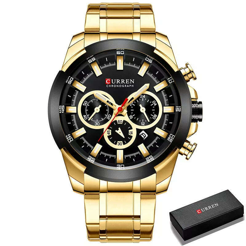 KIMLUD, CURREN Men’s Watches Top Brand Big Sport Watch Luxury Men Military Steel Quartz Wrist Watches Chronograph Gold Design Male Clock, G B Box, KIMLUD Womens Clothes