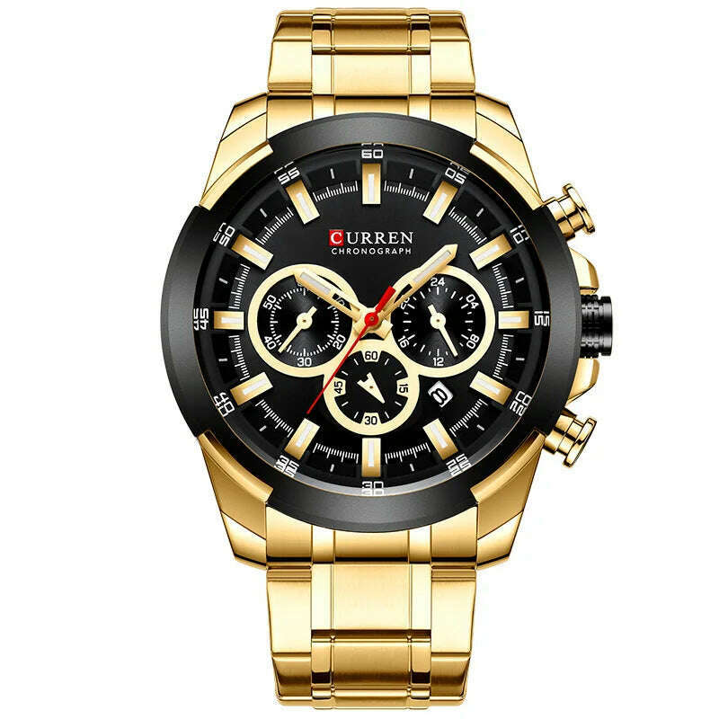 KIMLUD, CURREN Men’s Watches Top Brand Big Sport Watch Luxury Men Military Steel Quartz Wrist Watches Chronograph Gold Design Male Clock, Gold Black, KIMLUD Womens Clothes