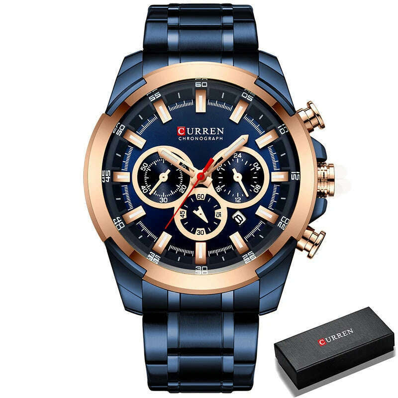 KIMLUD, CURREN Men’s Watches Top Brand Big Sport Watch Luxury Men Military Steel Quartz Wrist Watches Chronograph Gold Design Male Clock, RG BE Box, KIMLUD Womens Clothes