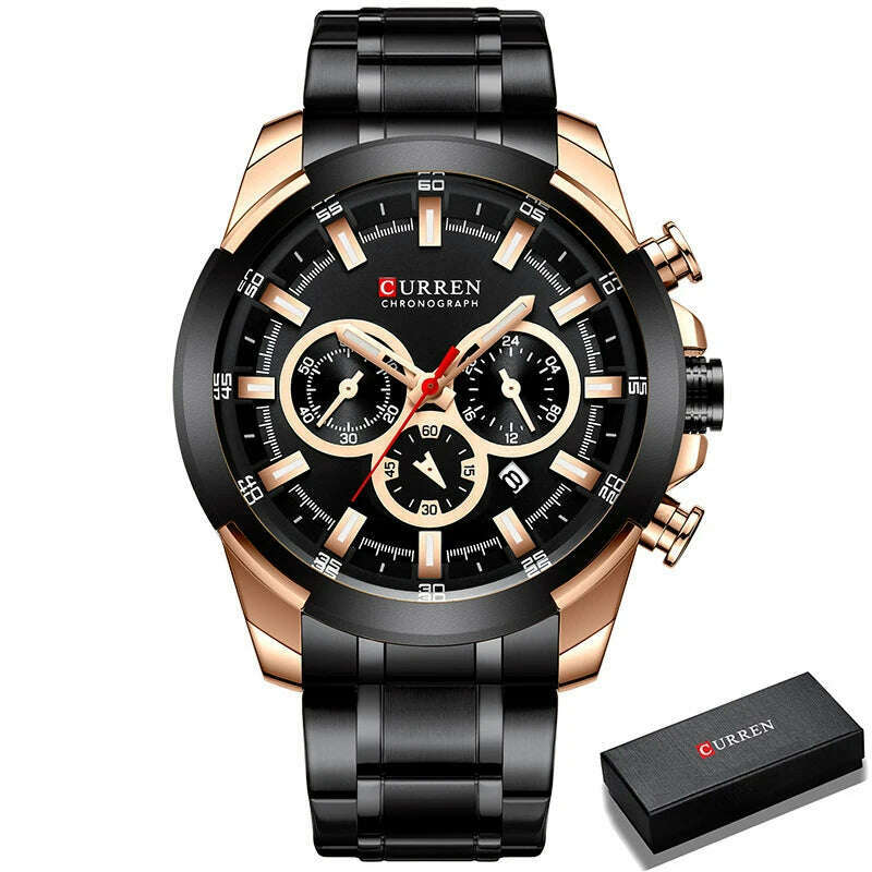 KIMLUD, CURREN Men’s Watches Top Brand Big Sport Watch Luxury Men Military Steel Quartz Wrist Watches Chronograph Gold Design Male Clock, RG B Box, KIMLUD Womens Clothes