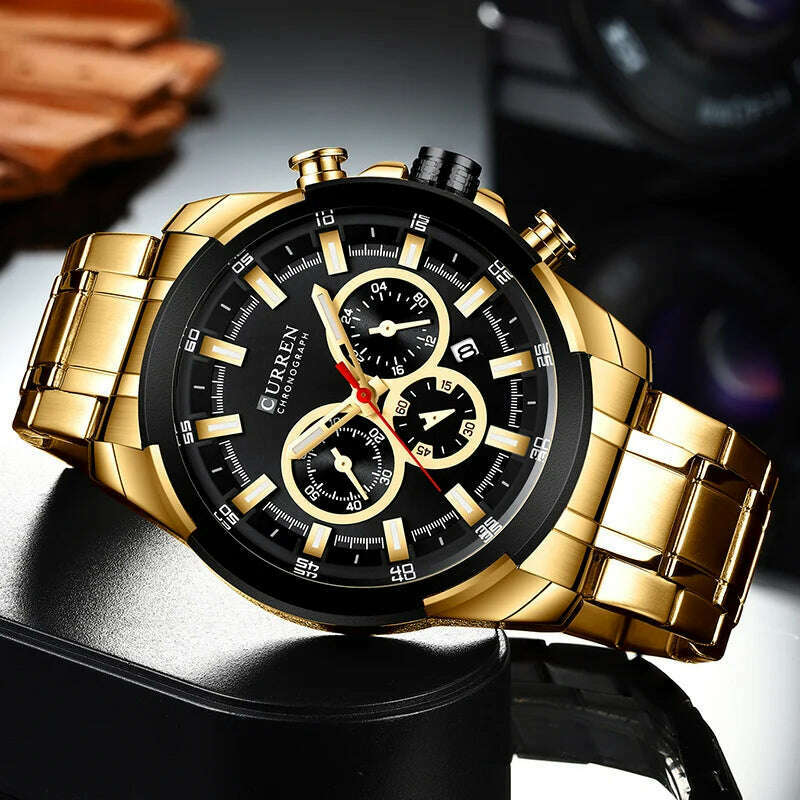 KIMLUD, CURREN Men’s Watches Top Brand Big Sport Watch Luxury Men Military Steel Quartz Wrist Watches Chronograph Gold Design Male Clock, KIMLUD Womens Clothes