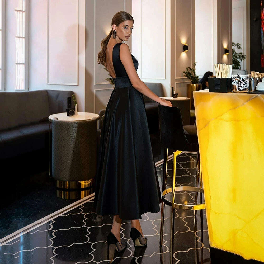 Custom Color Tea-Length Satin 2024 Evening Dress Illustion V-Neck Sleeveless Evening Gown Sexy Backless A-Line Prom Dress - KIMLUD