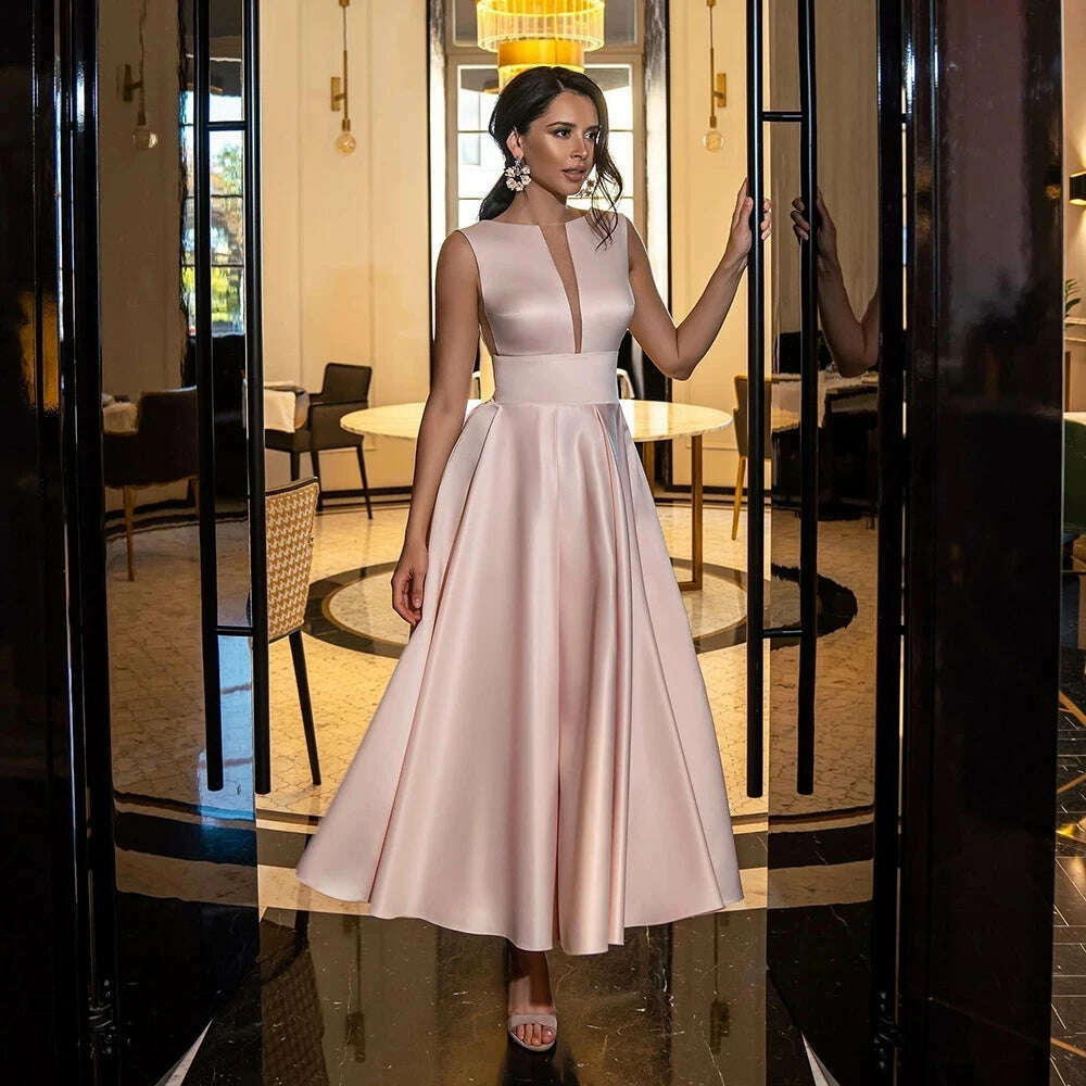 Custom Color Tea-Length Satin 2024 Evening Dress Illustion V-Neck Sleeveless Evening Gown Sexy Backless A-Line Prom Dress - KIMLUD