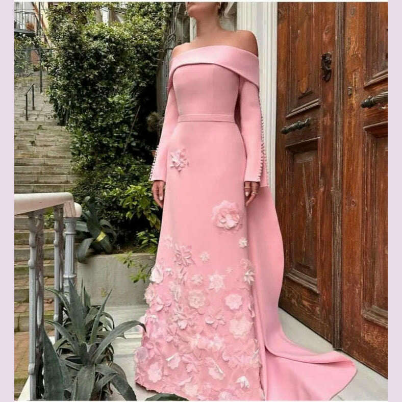 KIMLUD, Customized Boat Neck Long Sleeves Button A Line Detachable Court Train Belt Hand Made Flower Custom Made Evening Dresses, KIMLUD Womens Clothes