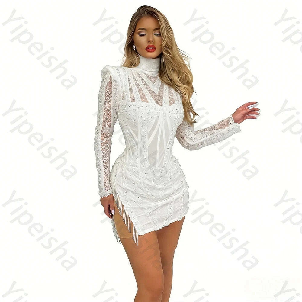 Customized Classic Exquisite High quality Simple Sequin Tassel Beading A-line High Collar Mini Dresses Cocktail Dresses