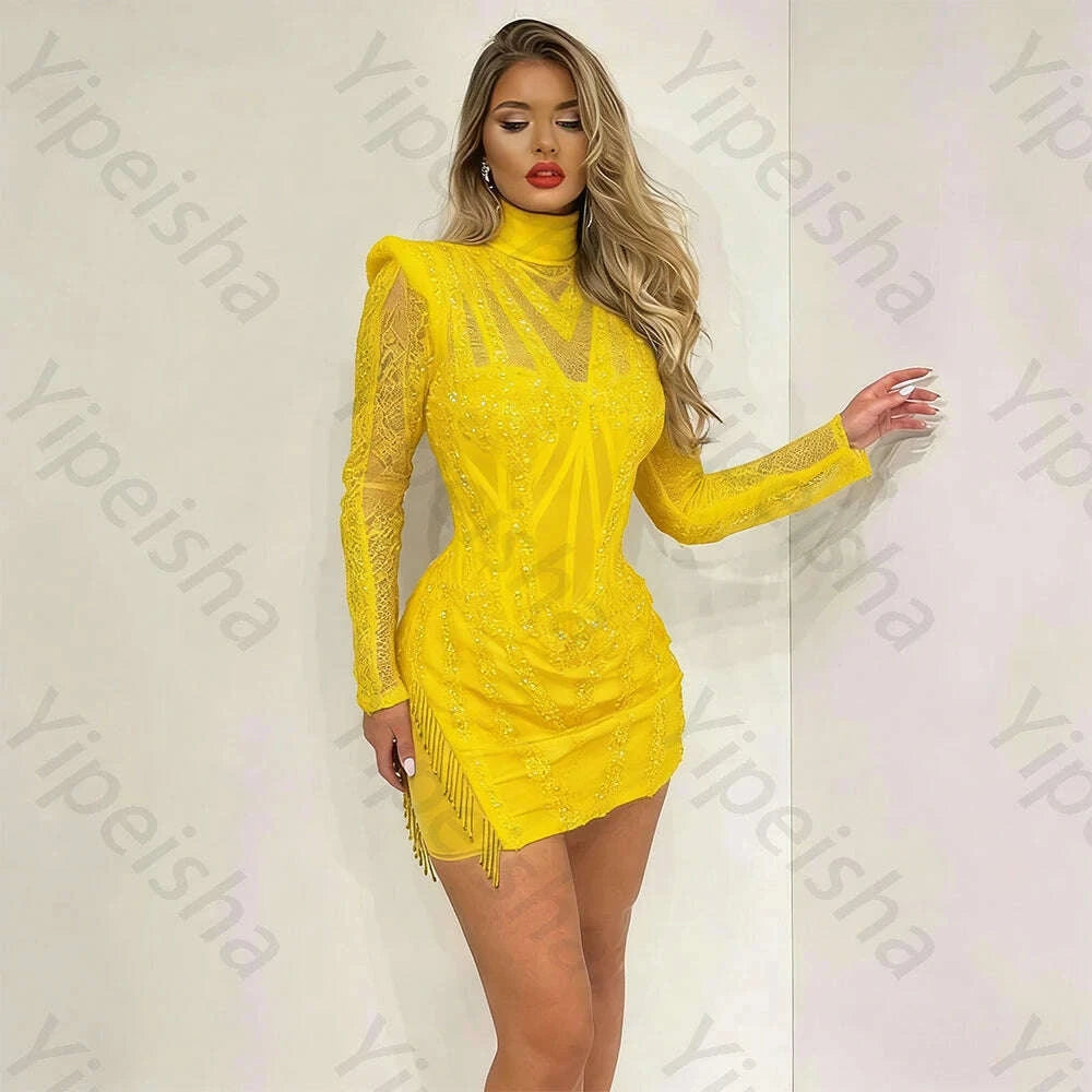 Customized Classic Exquisite High quality Simple Sequin Tassel Beading A-line High Collar Mini Dresses Cocktail Dresses