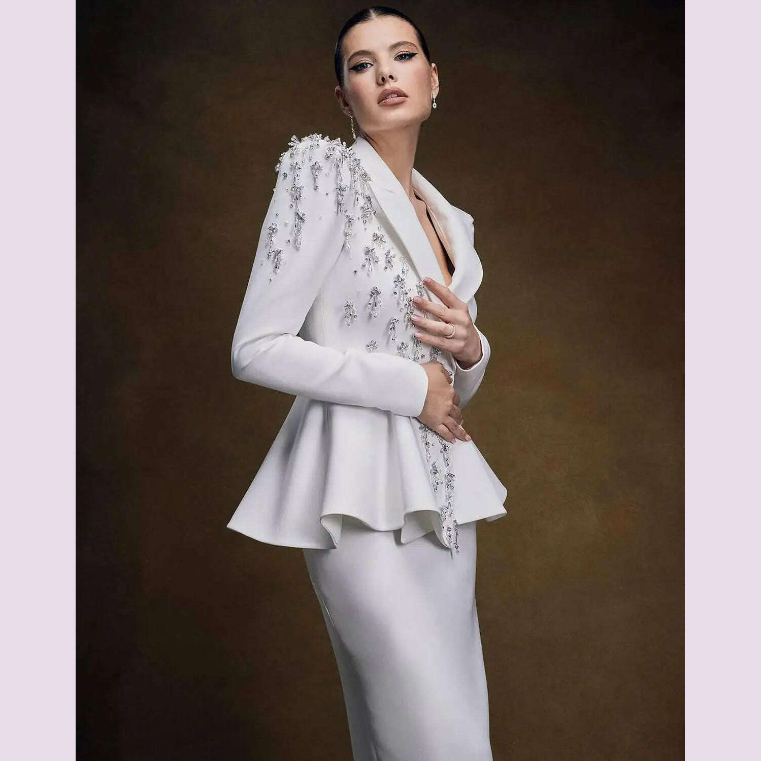 KIMLUD, Customized Crystal Beaded Women Suit Set Blazer And Skirts Formal Office Business Lady Prom Dress Jacket Coat Custom Size, KIMLUD Womens Clothes