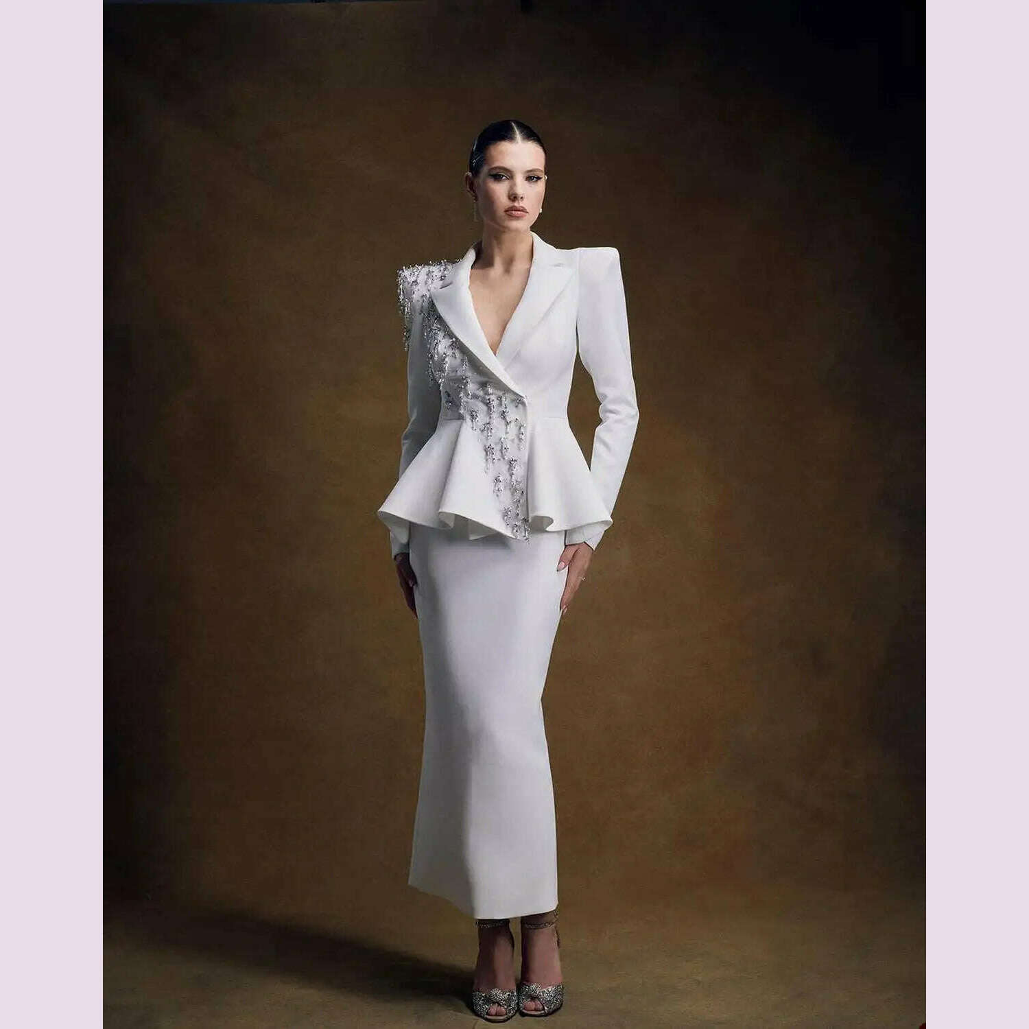 KIMLUD, Customized Crystal Beaded Women Suit Set Blazer And Skirts Formal Office Business Lady Prom Dress Jacket Coat Custom Size, WHITE / 2 / CHINA, KIMLUD APPAREL - Womens Clothes