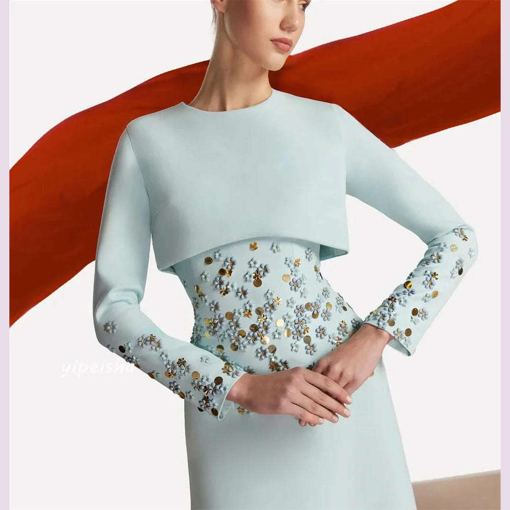 KIMLUD, Customized Jersey Sequined Flower Beading Ruched Homecoming A-line O-Neck Bespoke Occasion Gown Long Dresses, KIMLUD Womens Clothes