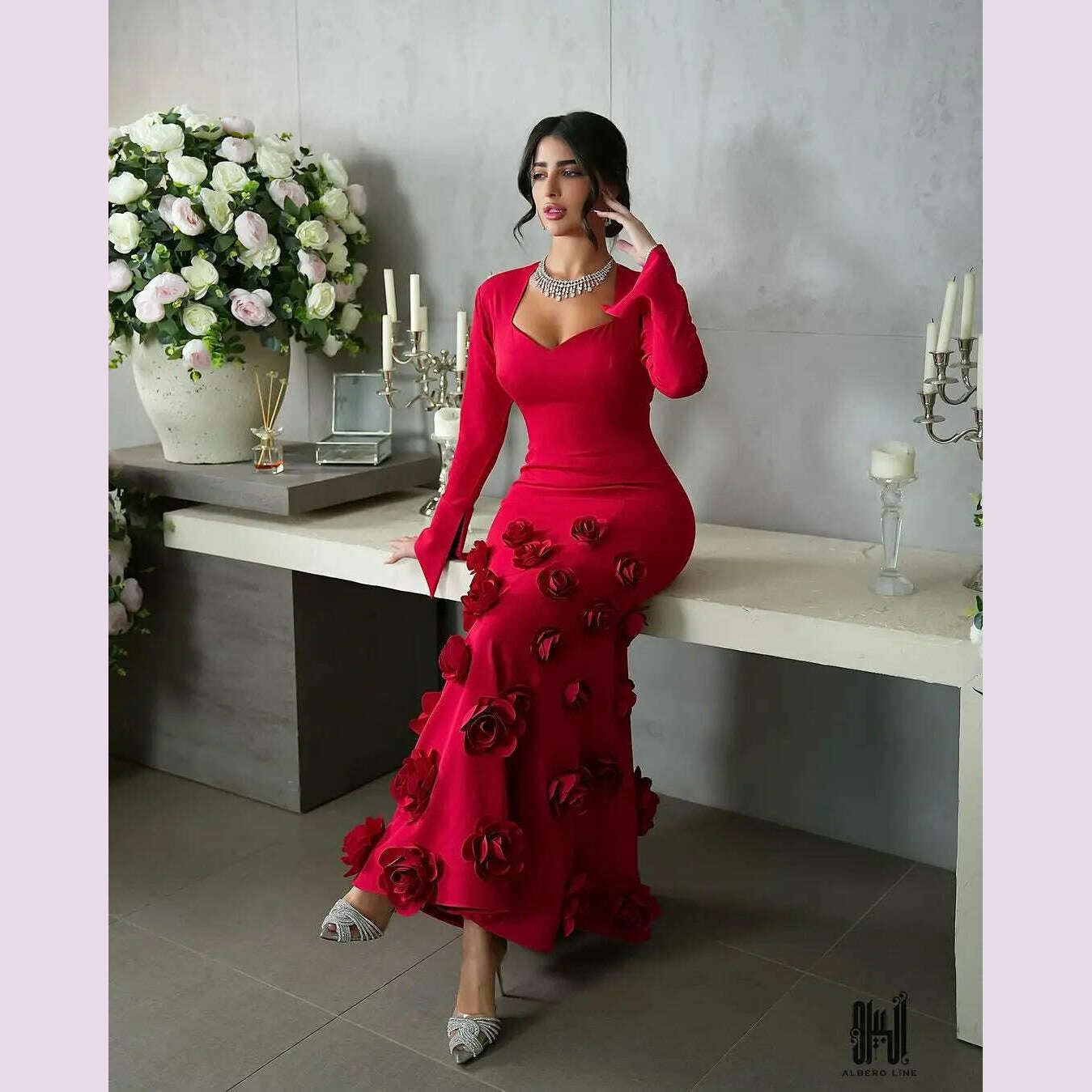 KIMLUD, Customized Mermaid Red Prom Dresses Long Sleeves Sweetheart Flowers Ankle Length Evening Dresses Party Dresses, Champagne / CHINA / 18W, KIMLUD APPAREL - Womens Clothes