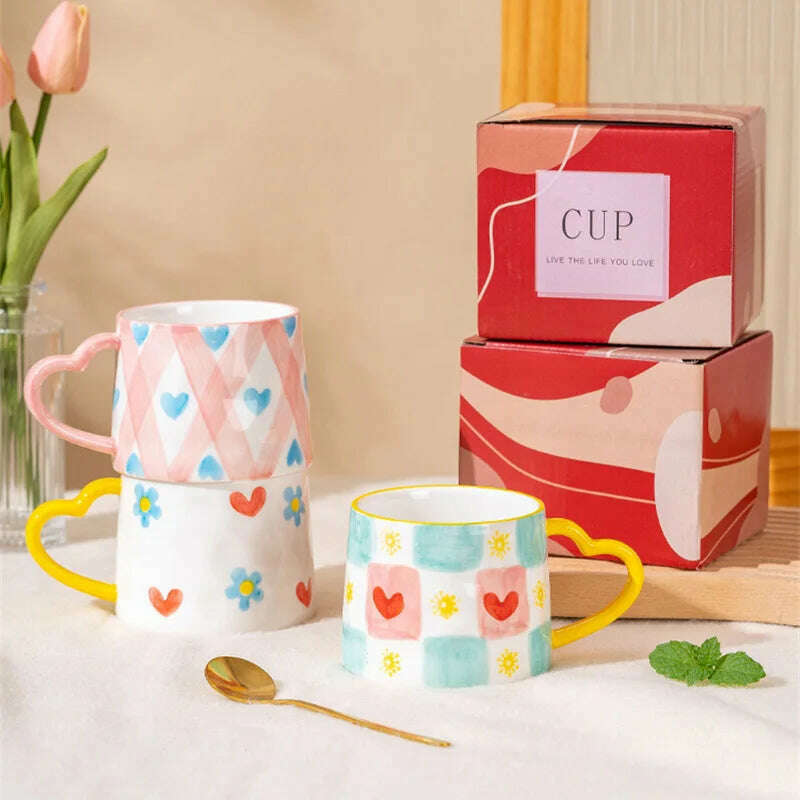 KIMLUD, Cute INS Ceramic Mug Creative Hand-Painted Love Heart Coffee Cup Breakfast Milk Cup Afternoon tea Mug Valentine's Day present, KIMLUD Womens Clothes