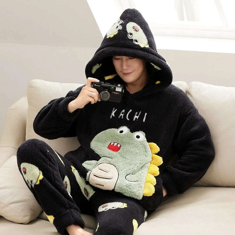 Cute Pajamas For Men Thick Plush Fleece Pajama Sets Winter Coral Velvet Warm Flannel Clothes Home Suit Male Sleepwear Пижама - KIMLUD
