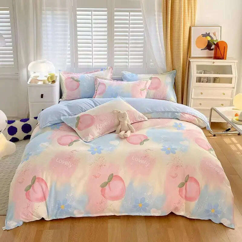 Cute Pink Strawberry Duvet Cover Flat Sheet Pillowcase Floral Bedding Set Girls Bed Linen Soft Thick Washed Cotton Bedclothes - KIMLUD