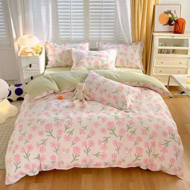 Cute Pink Strawberry Duvet Cover Flat Sheet Pillowcase Floral Bedding Set Girls Bed Linen Soft Thick Washed Cotton Bedclothes - KIMLUD