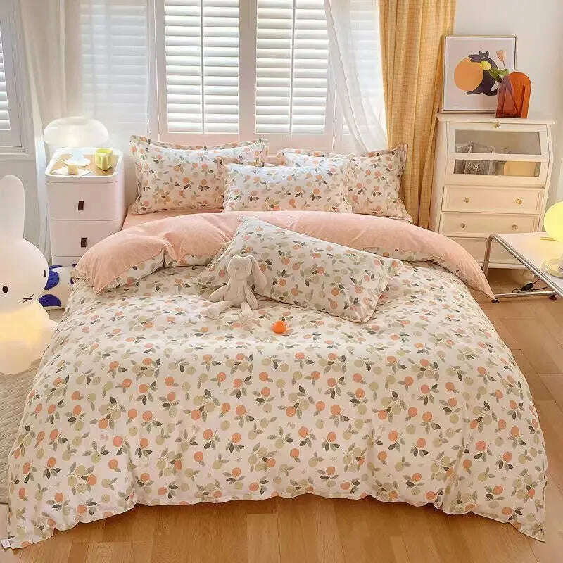 Cute Pink Strawberry Duvet Cover Flat Sheet Pillowcase Floral Bedding Set Girls Bed Linen Soft Thick Washed Cotton Bedclothes - KIMLUD