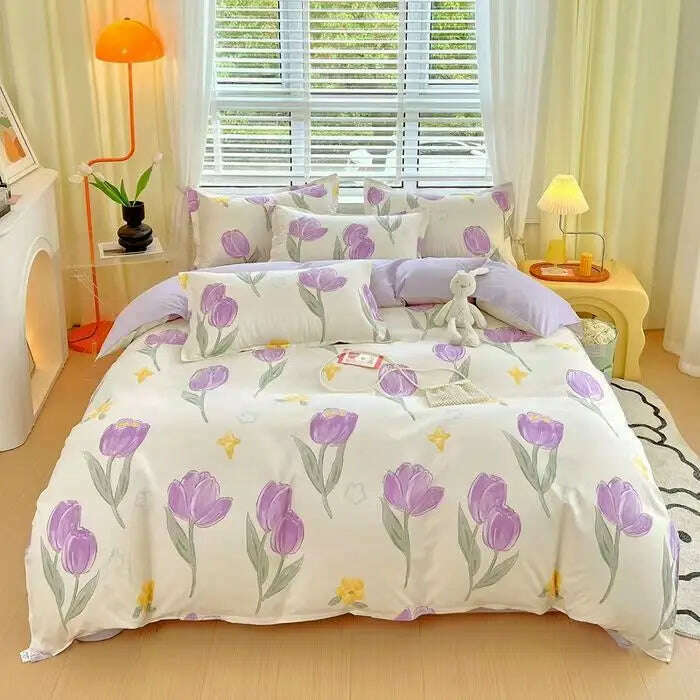 Cute Pink Strawberry Duvet Cover Flat Sheet Pillowcase Floral Bedding Set Girls Bed Linen Soft Thick Washed Cotton Bedclothes - KIMLUD