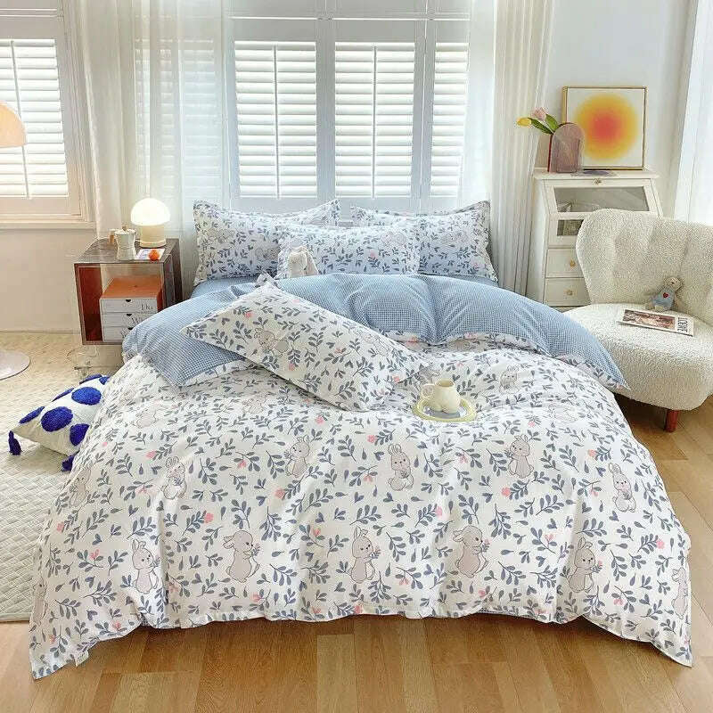 Cute Pink Strawberry Duvet Cover Flat Sheet Pillowcase Floral Bedding Set Girls Bed Linen Soft Thick Washed Cotton Bedclothes - KIMLUD
