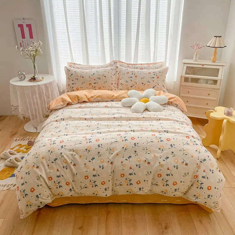Cute Pink Strawberry Duvet Cover Flat Sheet Pillowcase Floral Bedding Set Girls Bed Linen Soft Thick Washed Cotton Bedclothes - KIMLUD