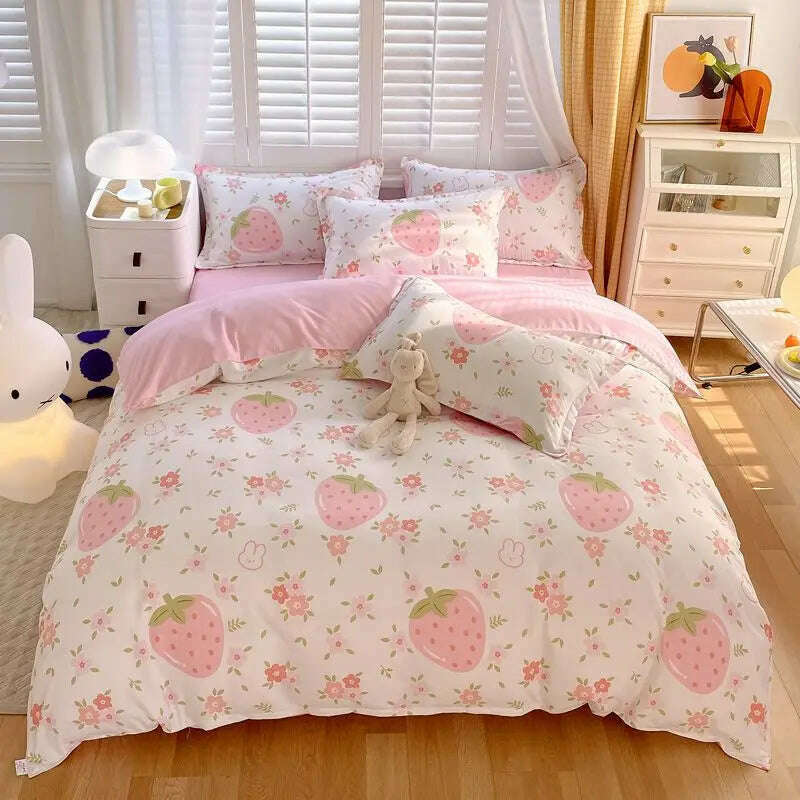 Cute Pink Strawberry Duvet Cover Flat Sheet Pillowcase Floral Bedding Set Girls Bed Linen Soft Thick Washed Cotton Bedclothes - KIMLUD