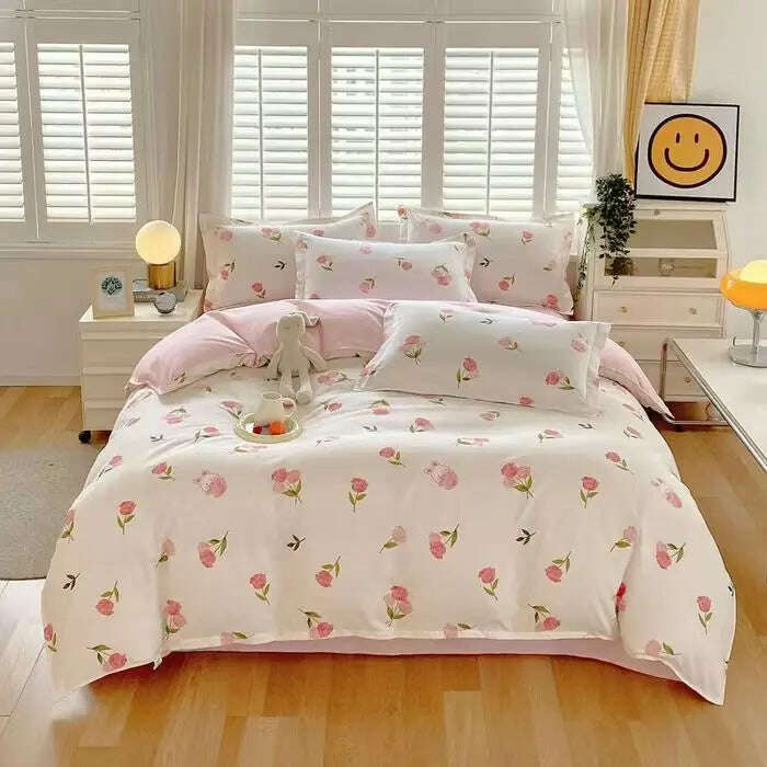 Cute Pink Strawberry Duvet Cover Flat Sheet Pillowcase Floral Bedding Set Girls Bed Linen Soft Thick Washed Cotton Bedclothes - KIMLUD