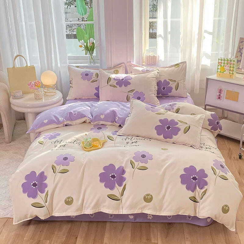 Cute Pink Strawberry Duvet Cover Flat Sheet Pillowcase Floral Bedding Set Girls Bed Linen Soft Thick Washed Cotton Bedclothes - KIMLUD