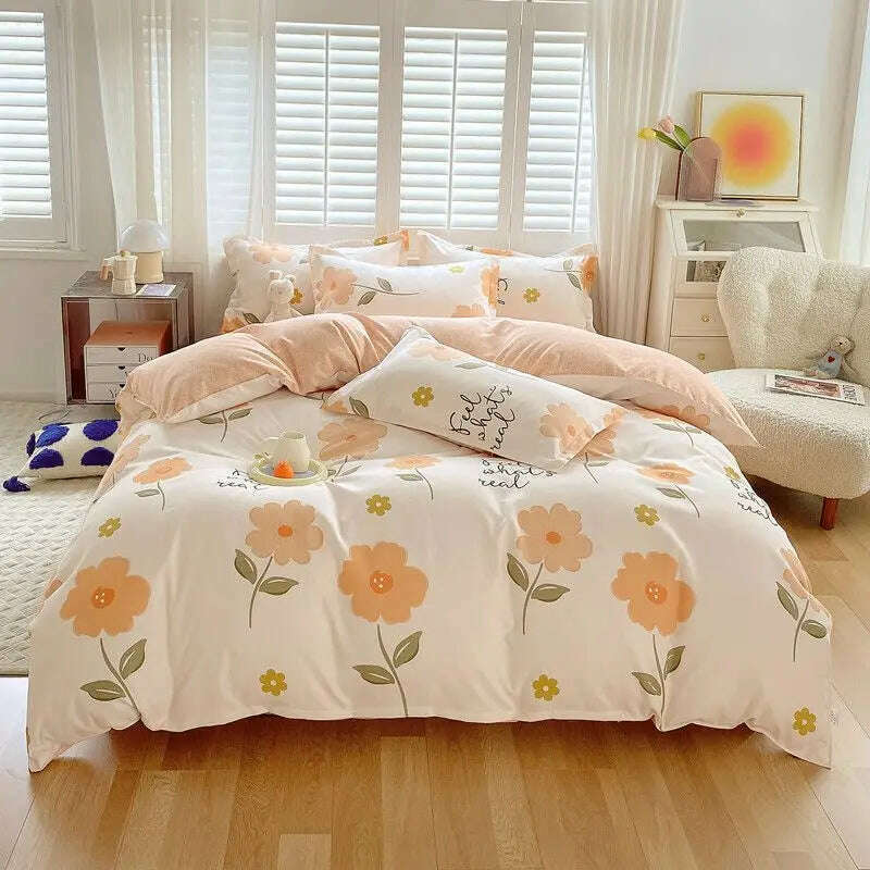 Cute Pink Strawberry Duvet Cover Flat Sheet Pillowcase Floral Bedding Set Girls Bed Linen Soft Thick Washed Cotton Bedclothes - KIMLUD