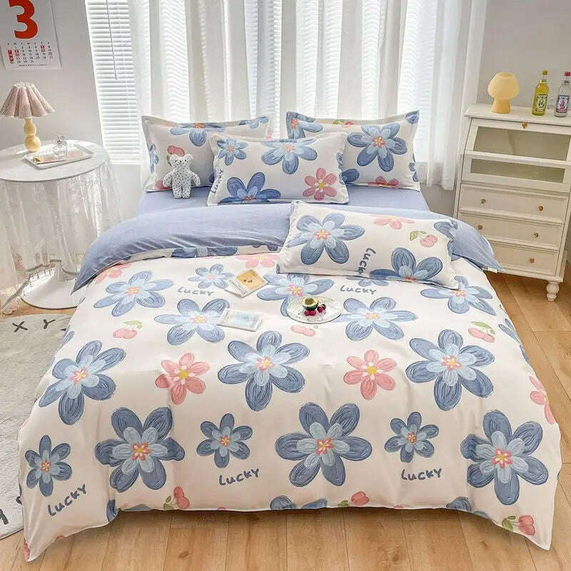 Cute Pink Strawberry Duvet Cover Flat Sheet Pillowcase Floral Bedding Set Girls Bed Linen Soft Thick Washed Cotton Bedclothes - KIMLUD