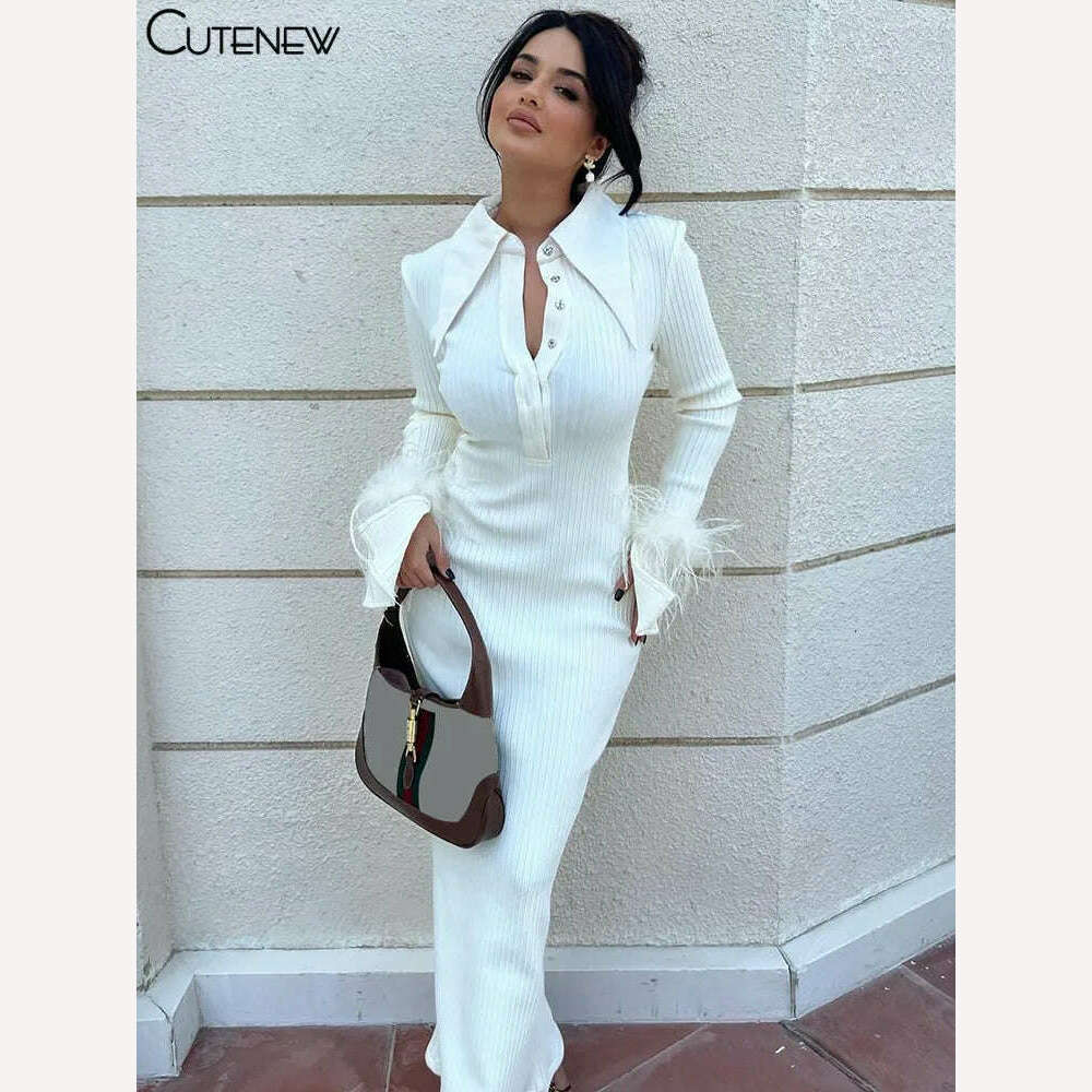 KIMLUD, Cutenew Women's POLO Collar Maxi Dress Feather Flare Sleeves Single Breasted Long Vestidos 2023 New Elegant Fashion Streetwear, KIMLUD Womens Clothes