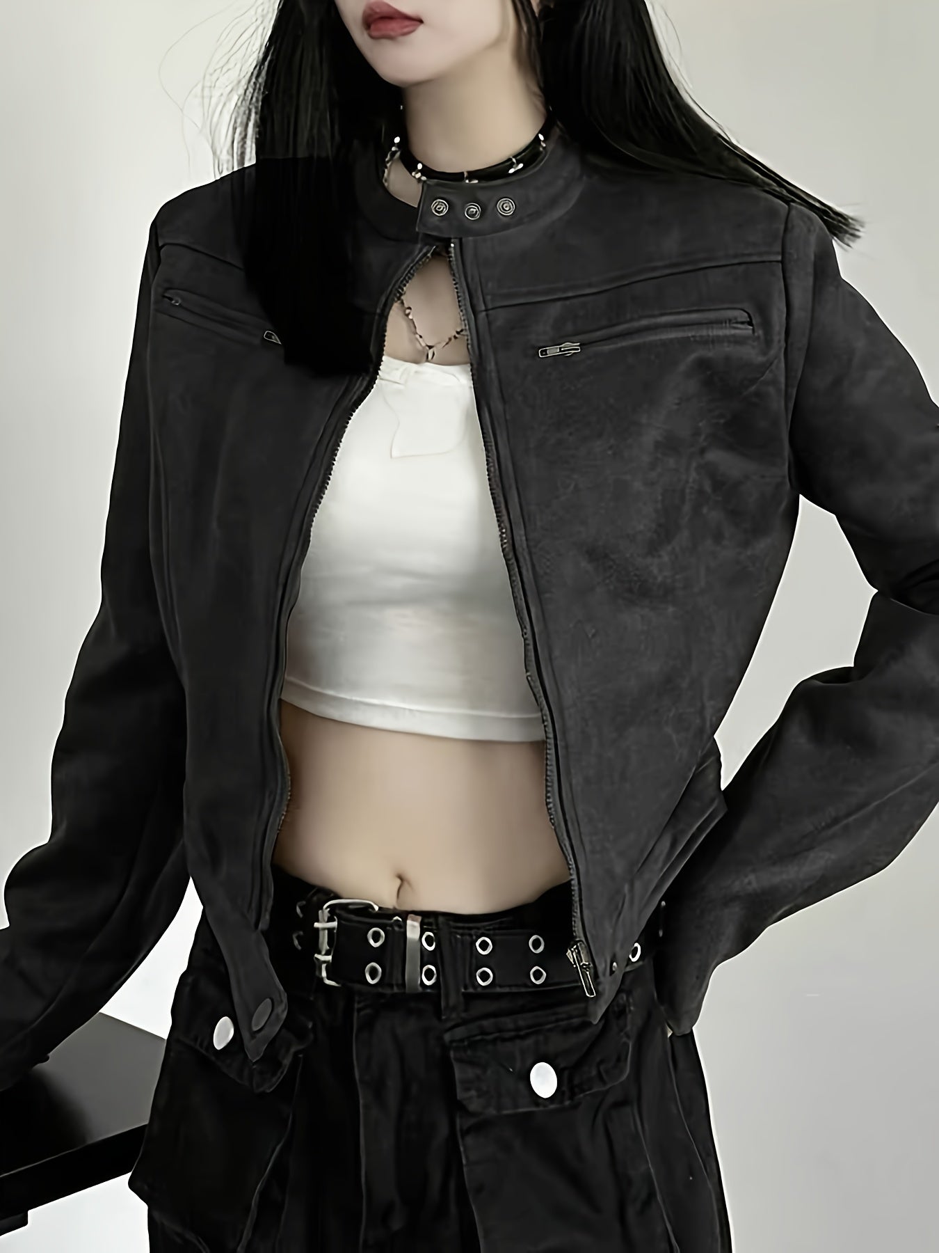 Women's Elegant Gothic Full-Zip Jacket with Full-Zip Front Closure, Full-Length Zipper & Stand Collar - Heavy-Duty Winter Outerwear, Machine Washable Black -like Texture Coat for Fall/Winter, Casual & Formal Outfits, Retro Zi