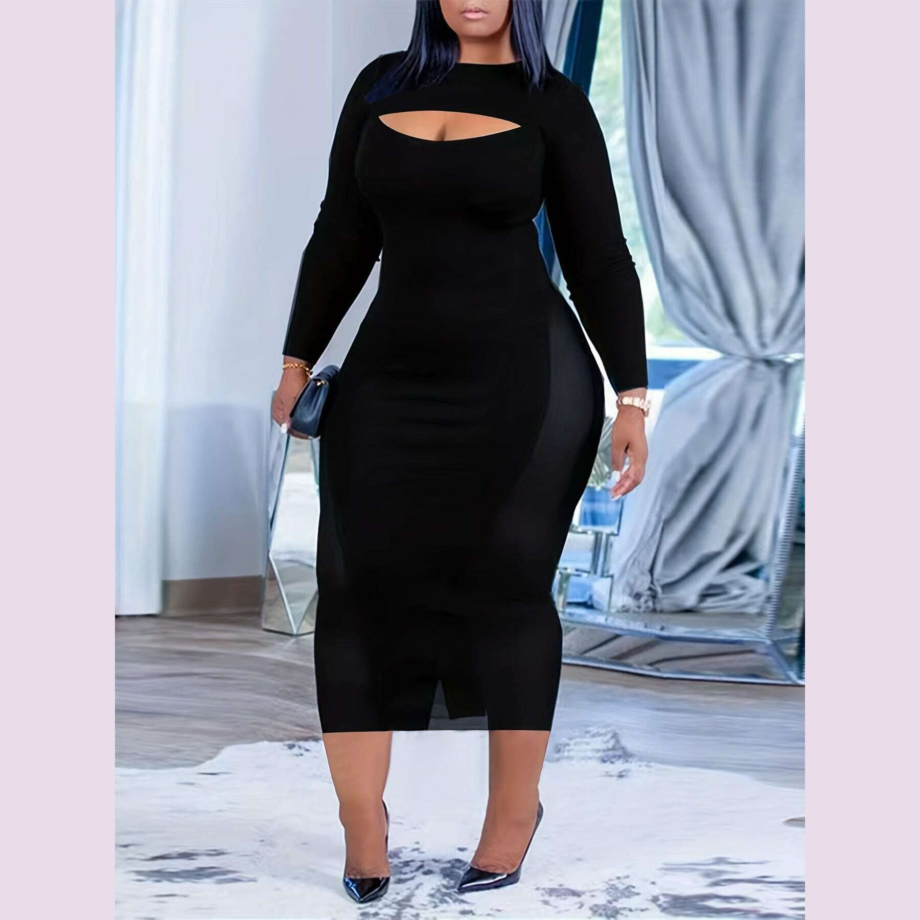 strapless open back dress Plus Size Cut Out Bodycon Dress, Sexy Long Sleeve Crew Neck Midi Dress For  Spring & Fall, Women's Plus Size Clothing