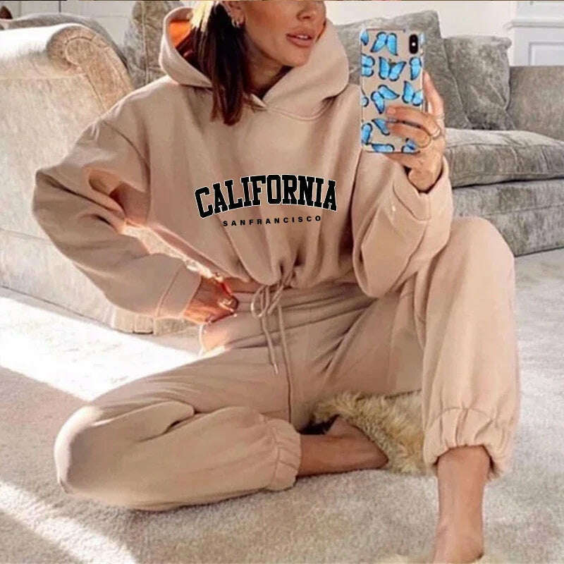 Daily Dressing Women's Tracksuit Hooded Drawstring Retract Your Waist Short Top Two Piece Set for Women Fashion Casual Hot Sales - KIMLUD