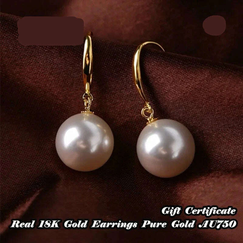 DALLET Women's Round White Pearl Earrings Aaa+ Quality Selected Natural Freshwater Pearls 8mm-10mm Real 18k Gold Jewelry Au750 - KIMLUD