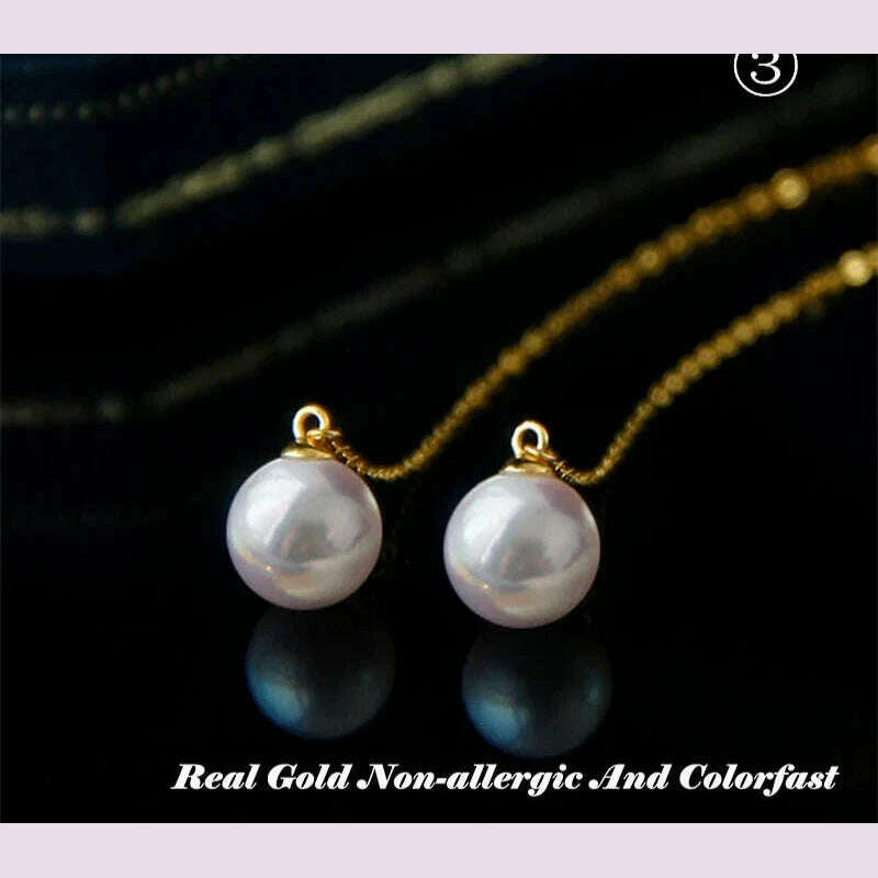 DALLET Women's Round White Pearl Earrings Aaa+ Quality Selected Natural Freshwater Pearls 8mm-10mm Real 18k Gold Jewelry Au750 - KIMLUD