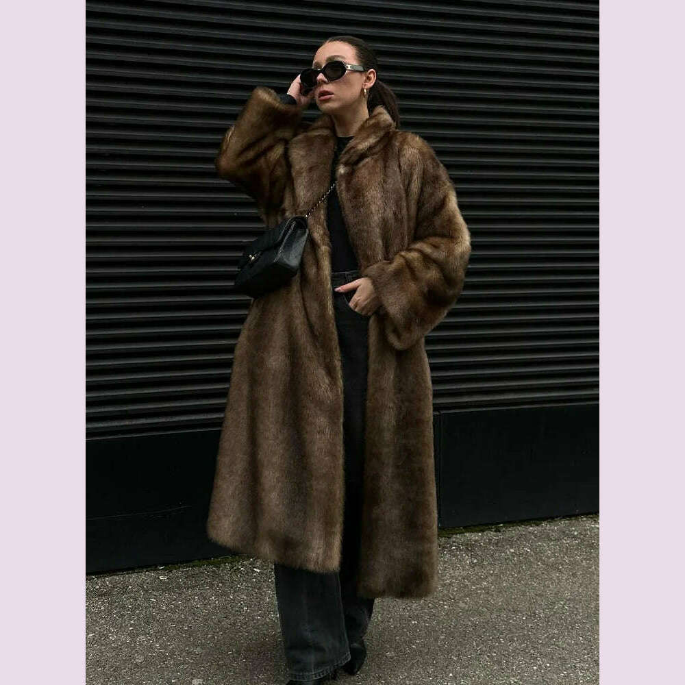 KIMLUD, Dark Brown Faux Fur Long Overcoat For Women Fashion Lapel Single Breasted Loose Fluffy Plush Warm Coat Winter Thicken Outerwear, KIMLUD Womens Clothes