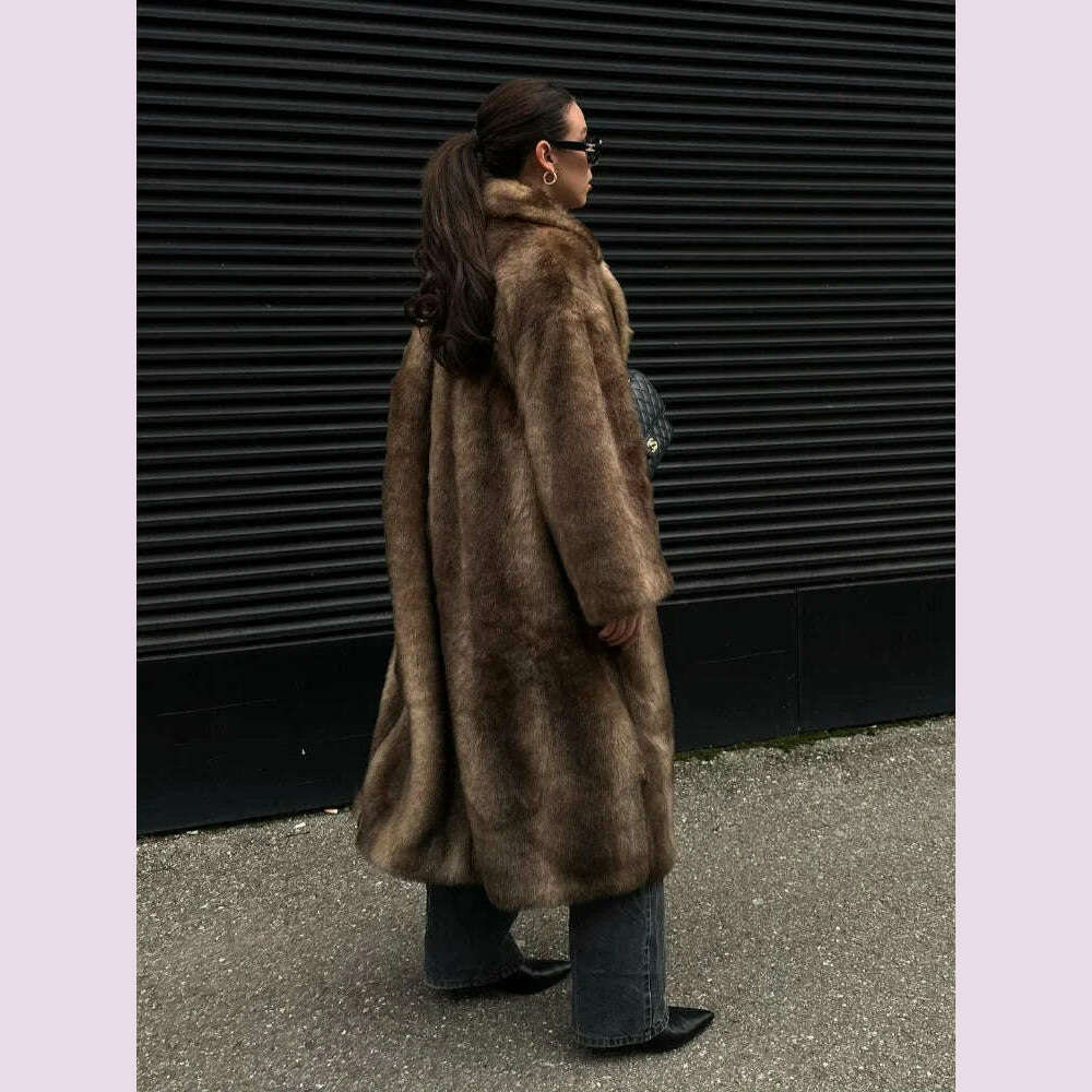 KIMLUD, Dark Brown Faux Fur Long Overcoat For Women Fashion Lapel Single Breasted Loose Fluffy Plush Warm Coat Winter Thicken Outerwear, KIMLUD Womens Clothes